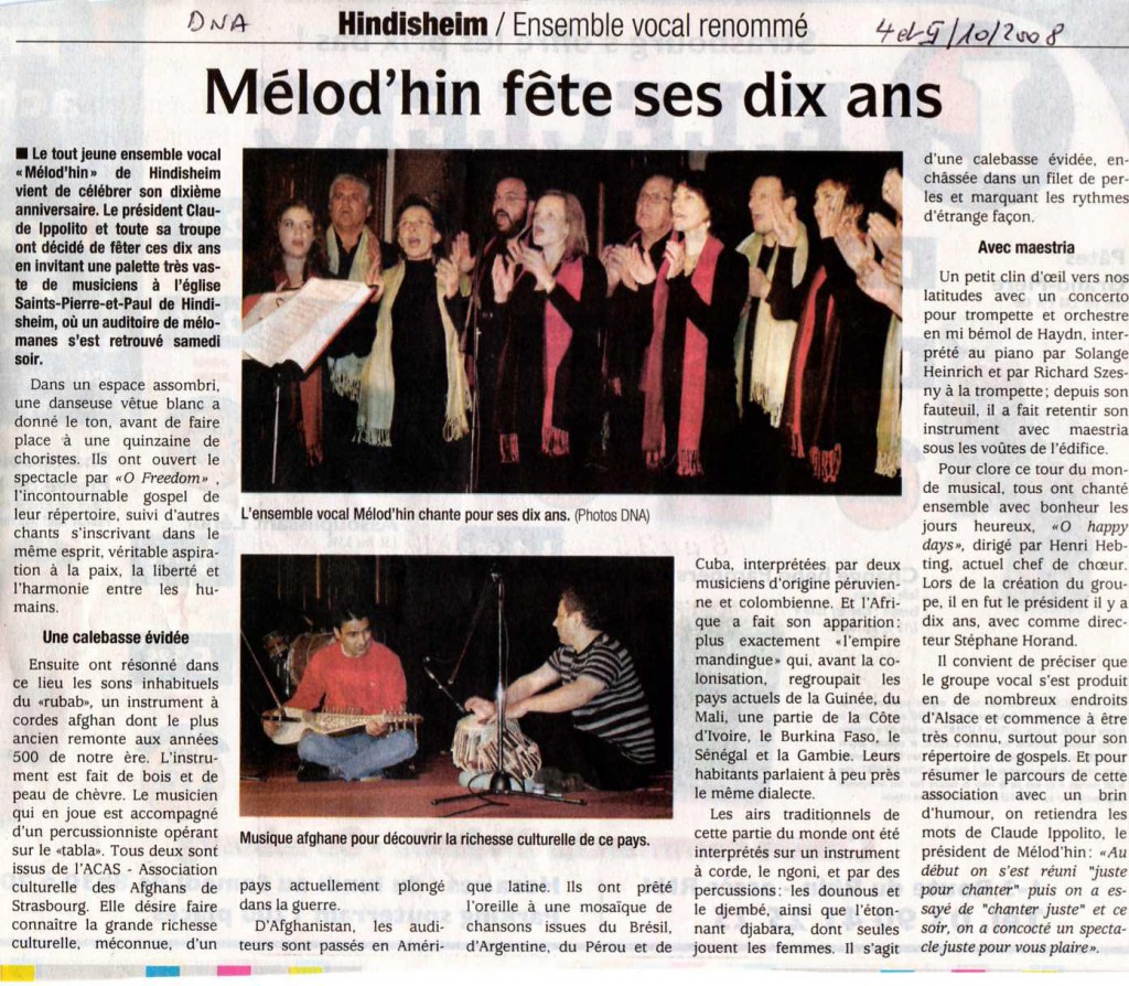 2008-10-04 Concert 10 ans Hindisheim (Article DNA)