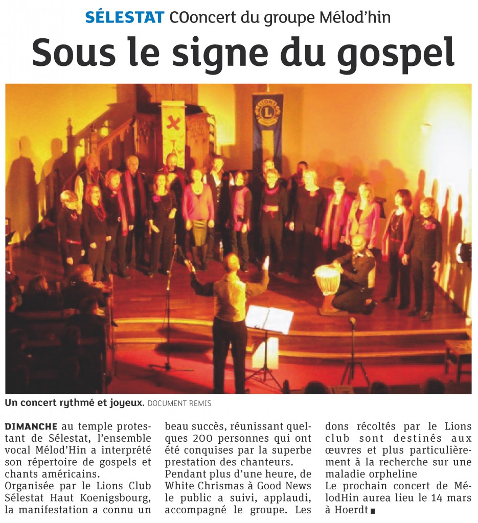 2014-01-19 Sélestat - Concert du groupe Mélod'Hin - Sous le signe du gospel (Article DNA)